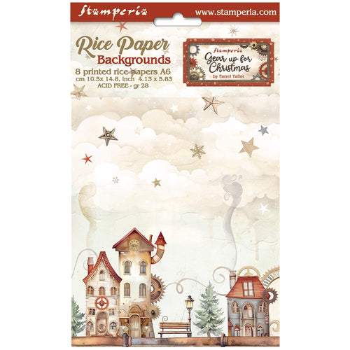 Stamperia - Gear Up For Christmas - A6 Assorted Rice Papers "Backgrounds" (8 Sheets)