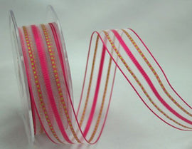 Green Tara 25mm Striped Organza Ribbon - Hot Pink