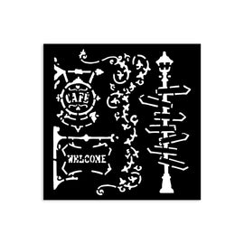 Stamperia - Art of Travelling - Stencil 12x12cm - Street Lamp and Sign