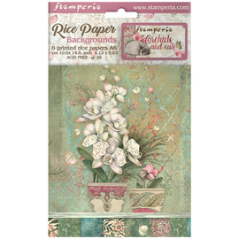 Stamperia - Orchids & Cats - A6 Assorted Rice Papers "Backgrounds" (8 Sheets)