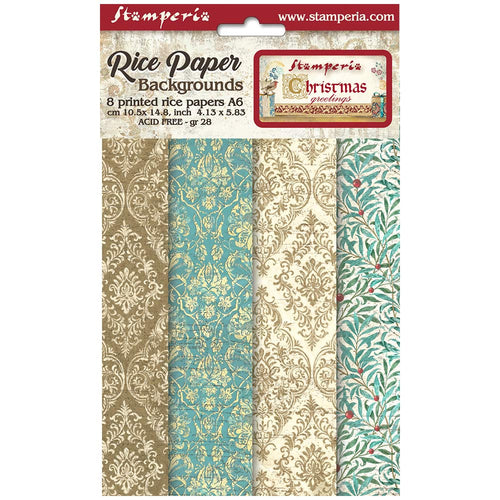 Stamperia - Christmas Greetings - A6 Assorted Rice Papers "Backgrounds" (8 Sheets)