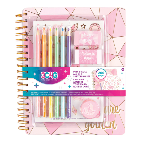 Make It Real - Three Cheers for Girls - Pink & Gold All-In-1 Sketching Set